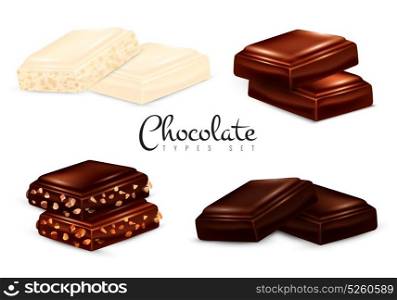 Realistic Chocolate Types Set. Chocolate types set of isolated images with pieces of dark white and milk chocolate with nuts vector illustration