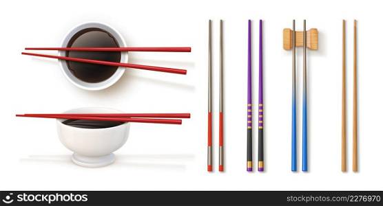 Realistic chopstick designs and bowl with soy sauce. Traditional japanese bamboo utensils. Chopsticks for sushi and asian food vector set. Bamboo utensils with different design for noodles eating. Realistic chopstick designs and bowl with soy sauce. Traditional japanese bamboo utensils. Chopsticks for sushi and asian food vector set