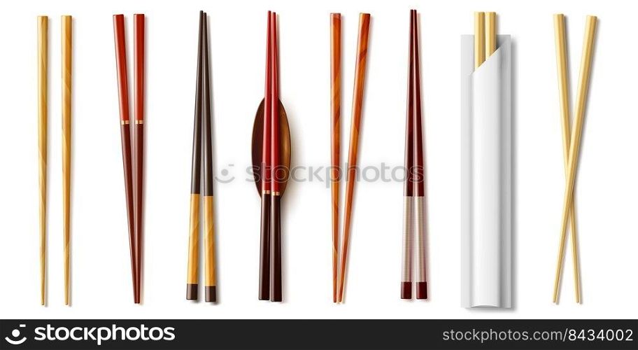 Realistic chopsticks. Asian food tableware. Sushi and rolls bamboo pair sticks. Japanese or Chinese traditional utensil. Disposable and wooden objects. Isolated oriental dinnerware. Vector cutlery set. Realistic chopsticks. Asian food tableware. Sushi and rolls bamboo sticks. Japanese or Chinese traditional utensil. Disposable and wooden objects. Oriental dinnerware. Vector cutlery set