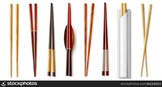 Realistic chopsticks. Asian food tableware. Sushi and rolls bamboo pair sticks. Japanese or Chinese traditional utensil. Disposable and wooden objects. Isolated oriental dinnerware. Vector cutlery set. Realistic chopsticks. Asian food tableware. Sushi and rolls bamboo sticks. Japanese or Chinese traditional utensil. Disposable and wooden objects. Oriental dinnerware. Vector cutlery set
