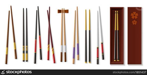Realistic chopsticks. Asian tableware. Traditional Japanese or Chinese wooden cutlery mockup. Isolated sushi food sticks pairs collection. Stand and storage box. Vector oriental kitchen dinnerware set. Realistic chopsticks. Asian tableware. Traditional Japanese or Chinese wooden cutlery. Isolated sushi food stick pairs. Stand and storage box. Vector oriental kitchen dinnerware set