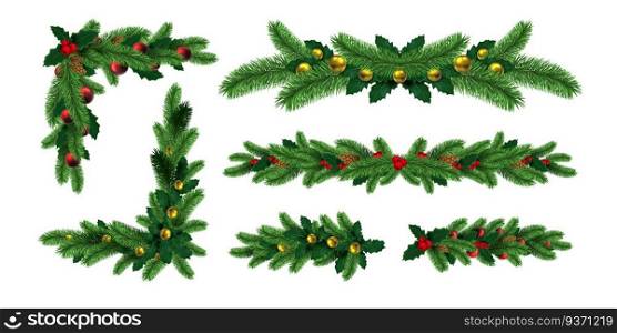Realistic christmas tree garlands borders and frame corners. Winter holiday decoration with fir branch, holly leaf and pine cones vector set. Illustration of decoration christmas fir frame realistic. Realistic christmas tree garlands borders and frame corners. Winter holiday decoration with fir branch, holly leaf and pine cones vector set