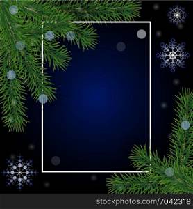 Realistic Christmas tree pine branches, frame and snowflakes on dark blue background. Good for New Year celebration postcards, Christmas banners, holidays flyers. Vector.