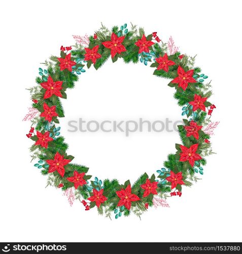 Realistic Christmas vector wreath with flower poinsetia and red berries on evergreen branches with place for text. Isolated xmas illustration for greeting card.. Realistic Christmas vector wreath with flower poinsetia and red berries on evergreen branches with place for text. Isolated xmas illustration for greeting card