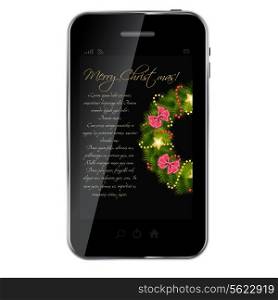 Realistic Christmas wreath on vintage background at abstract desig mobile phone. vector illustration