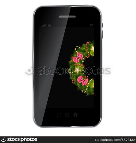 Realistic Christmas wreath on vintage background at abstract desig mobile phone. vector illustration