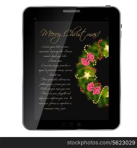Realistic Christmas wreath on vintage background at abstract desig tablet. vector illustration