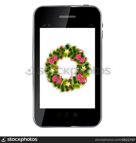 Realistic Christmas wreath on vintage background at abstract mobile phone. vector illustration