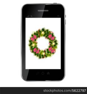 Realistic Christmas wreath on vintage background at abstract mobile phone. vector illustration