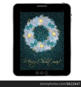 Realistic christmas wreath on vintage background at tablet. vector illustration