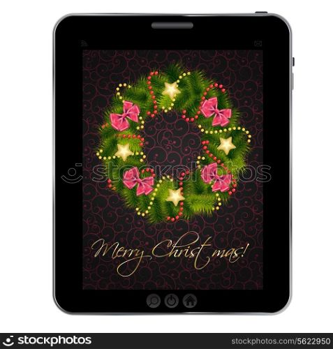 Realistic christmas wreath on vintage background at tablet. vector illustration