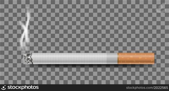 Realistic cigarette and smoke on transparent background, vector illustration