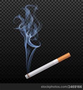 Realistic cigarette image burns on transparent dark background in traditional blanket with translucent puff of smoke vector illustration. Burning Cigarette Background