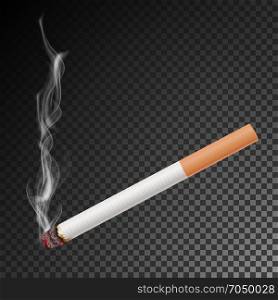 Realistic Cigarette With Smoke Vector. Isolated Illustration. Burning Classic Smoking Cigarette On Transparent Background.. Realistic Cigarette With Smoke Vector. Isolated Illustration.