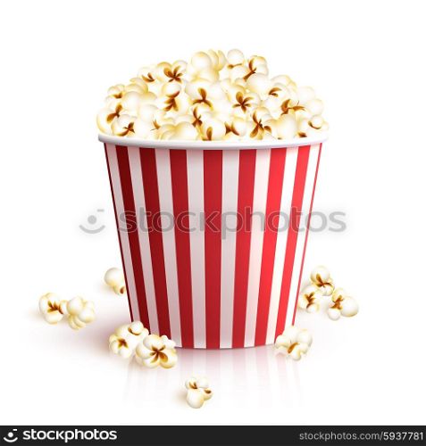 Realistic cinema red cardboard striped popcorn snack bucket vector illustration. Realistic Popcorn Bucket