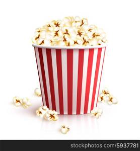 Realistic cinema red cardboard striped popcorn snack bucket vector illustration. Realistic Popcorn Bucket