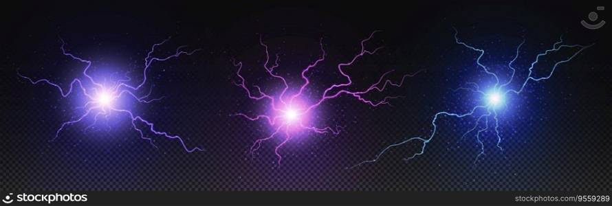 Realistic circle electric bolt energy explosion. Lightning power ball with spark vector effect isolated on background. 3d thunder discharge. Purple, pink and blue thunderbolt flash neon laser glow. Realistic circle electric bolt energy explosion