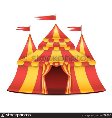 Realistic Circus Tent Vector. Red And Yellow Stripes. Cartoon Big Top Circus Tent Illustration. Circus Tent Isolated Vector. Red And Yellow Stripes. Big Top Circus Tent. Carnival Holidays Concept Illustration