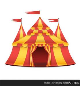Realistic Circus Tent Vector. Red And Yellow Stripes. Cartoon Big Top Circus Tent Illustration. Circus Tent Isolated Vector. Red And Yellow Stripes. Big Top Circus Tent. Carnival Holidays Concept Illustration