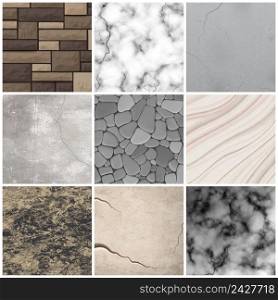 Realistic cladding stone marble and rectangular tiles texture interior design decoration patterns samples collection isolated vector illustration . Realistic stone texture patterns collection