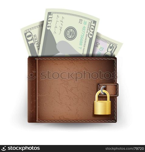 Realistic Classic Brown Wallet Vector. Locked With Padlock. Money. Top View. Finance Secure Concept. Isolated On White Background Illustration. Realistic Classic Brown Wallet Vector. Locked With Padlock. Money. Top View. Finance Secure Concept. Isolated On White Background