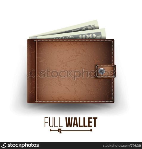 Realistic Classic Brown Wallet Vector. Money. Top View. Financial Concept. Isolated On White Background Illustration. Full Wallet Vector. Brown Color. Dollar Banknotes. Top View. Financial Concept. Isolated On White Background Illustration