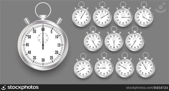 Realistic classic stopwatch. Time counter with dial. Shiny metal chronometer. Countdown timer minutes and seconds. Vector illustration. Eps 10. Stock image.. Realistic classic stopwatch. Time counter with dial. Shiny metal chronometer. Countdown timer minutes and seconds. Vector illustration. Eps 10.