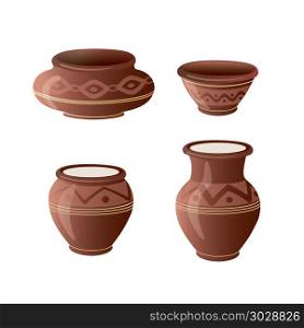 Realistic Clay Pot Set. Vector illustration.. Realistic Clay Pot Set. Ceramic Jug. Beautiful Pottery. Ethnic Crockery. Farm product. Vector illustration.
