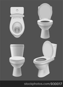 Realistic clean toilet. White bowls in bathroom or washing room various views of close up toilet. Vector hygiene concept pictures. Toilet clean hygiene, sanitary wc bathroom illustration. Realistic clean toilet. White bowls in bathroom or washing room various views of close up toilet. Vector hygiene concept pictures