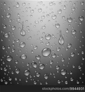 Realistic clean water drops background with transparent natural droplets on gray surface