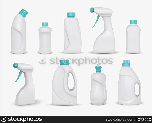 Realistic cleaning chemical products, detergent package mockups. Home cleaner powder, spray and dish wash in white plastic bottle vector set. Illustration of detergent cleaner, realistic product. Realistic cleaning chemical products, detergent package mockups. Home cleaner powder, spray and dish wash in white plastic bottle vector set
