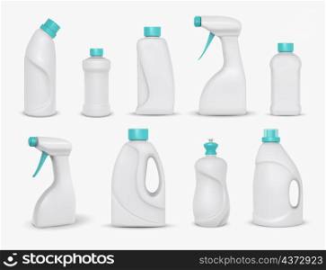 Realistic cleaning chemical products, detergent package mockups. Home cleaner powder, spray and dish wash in white plastic bottle vector set. Illustration of detergent cleaner, realistic product. Realistic cleaning chemical products, detergent package mockups. Home cleaner powder, spray and dish wash in white plastic bottle vector set