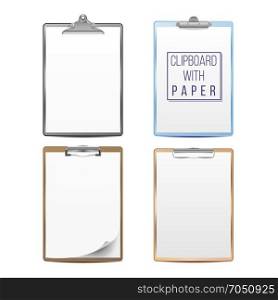 Realistic Clipboards Set Vector. Mock up For Your Design. Paper A4 Size. Isolated On White Background. Top View. Illustration. Realistic Clipboard With Paper Vector. Mock up For Your Design. A4 Size. Isolated On White Background Illustration