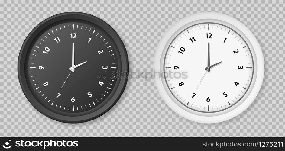 Realistic clock. Round white and black metal or plastic office clocks. Vector retro quartz watch on wall for business office isolated on transparent background. Realistic clock. Round white and black metal or plastic office clocks. Vector watch isolated on transparent background