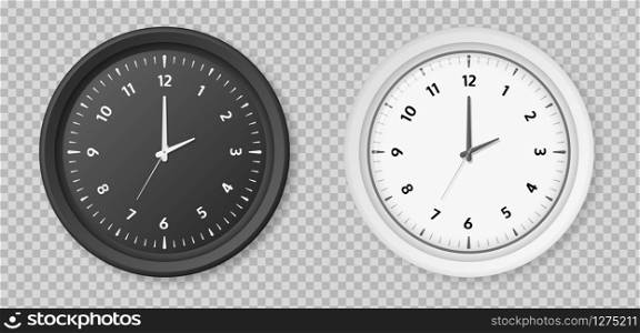 Realistic clock. Round white and black metal or plastic office clocks. Vector retro quartz watch on wall for business office isolated on transparent background. Realistic clock. Round white and black metal or plastic office clocks. Vector watch isolated on transparent background