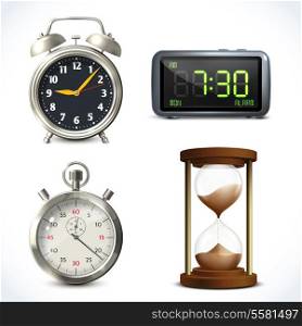 Realistic clock set of retro stopwatch digital sand watch isolated vector illustration