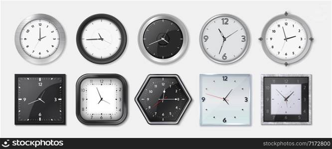 Realistic clock. Square and round metal and plastic office clocks with black and white dials and bezels. Vector wall watches with hour and minute arrows for business office on transparent background. Realistic clock. Square and round metal and plastic office clocks with black and white dials and bezels. Vector wall watches with hour and minute arrows