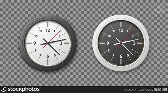 Realistic clock. Wall round watches. Black and white design versions. Circle quartz analog 3D timepiece. Variety colors chronometer faces. Time measurement instrument. Vector isolated timer dials set. Realistic clock. Wall round watches. Black and white design versions. Quartz analog 3D timepiece. Variety colors chronometer faces. Time measurement instrument. Vector timer dials set