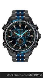 Realistic clock watch chronograph blue dark grey metal steel design for men on white background vector illustration.