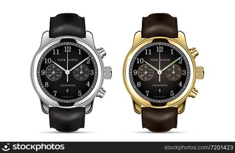 Realistic clock watch chronograph gold and silver leather strap collection luxury isolated vector illustration.