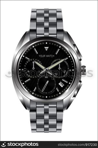 Realistic clock watch stainless steel black face luxury for men on white background vector illustration.