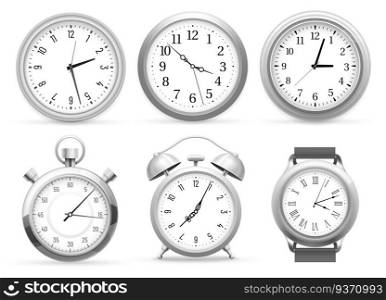 Realistic clocks. Wall round clock, alarm and wristwatches. Stopwatch timer, time watch or analog am pm chronometer, clocks face. Isolated vector 3D illustration icons set. Realistic clocks. Wall round clock, alarm and wristwatches. Stopwatch timer, time watch vector 3D illustration set