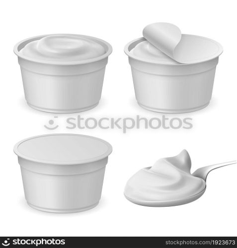 Realistic closed and open packaging cup and spoon with yogurt. Cheese, sour or ice cream plastic package mockup. 3d dairy product vector set. Bucket with dessert for takeaway eating. Realistic closed and open packaging cup and spoon with yogurt. Cheese, sour or ice cream plastic package mockup. 3d dairy product vector set