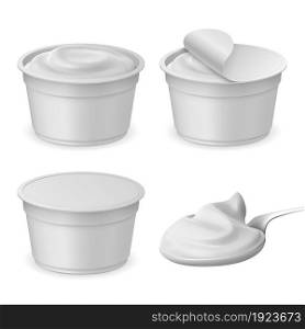 Realistic closed and open packaging cup and spoon with yogurt. Cheese, sour or ice cream plastic package mockup. 3d dairy product vector set. Bucket with dessert for takeaway eating. Realistic closed and open packaging cup and spoon with yogurt. Cheese, sour or ice cream plastic package mockup. 3d dairy product vector set