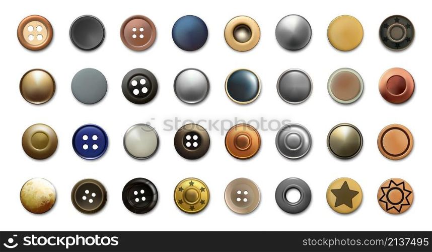Realistic cloth buttons. Metal antique bronze or silver sewing rivets and denim clothing vintage accessories. Top view of isolated various garment retro fasteners. Vector round textile decorations set. Realistic cloth buttons. Metal antique bronze or silver sewing rivets and denim clothing vintage accessories. Top view of various garment retro fasteners. Vector textile decorations set