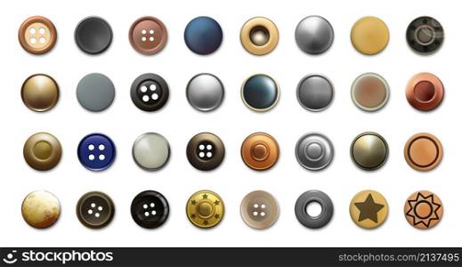 Realistic cloth buttons. Metal antique bronze or silver sewing rivets and denim clothing vintage accessories. Top view of isolated various garment retro fasteners. Vector round textile decorations set. Realistic cloth buttons. Metal antique bronze or silver sewing rivets and denim clothing vintage accessories. Top view of various garment retro fasteners. Vector textile decorations set