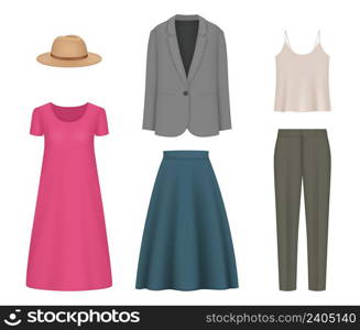 Realistic clothes. Girls fashioned accessories pants skirt jacket and blouse decent vector 3d colored pictures set. Illustration of woman fashion clothes collection. Realistic clothes. Girls fashioned accessories pants skirt jacket and blouse decent vector 3d colored pictures set