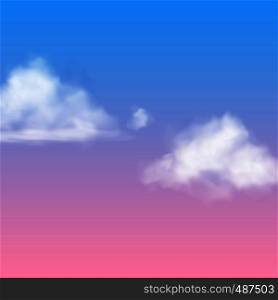 Realistic cloud. White nubes fluffy sky fog clouding isolated on sunrise or sunset blue pink background vector air heavenly concept. Realistic cloud. White nubes fluffy sky fog clouding isolated on sunrise or sunset blue pink background vector air concept