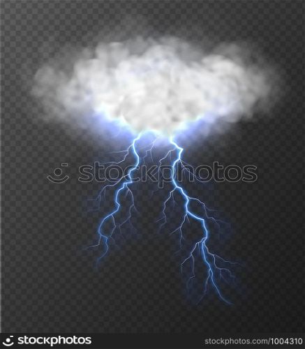 Realistic cloud with thunderbolt isolated on transparent background. Realistic thunderstorm with blue lightning. Weather vector illustration.. Realistic cloud with thunderbolt isolated on transparent background.