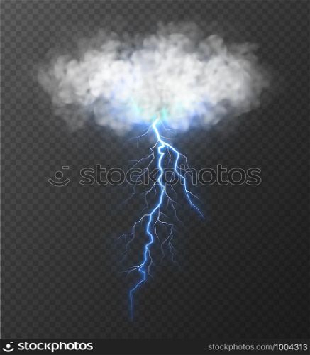 Realistic cloud with thunderbolt isolated on transparent background. Realistic thunderstorm with blue lightning. Weather vector illustration.. Realistic cloud with thunderbolt isolated on transparent background.